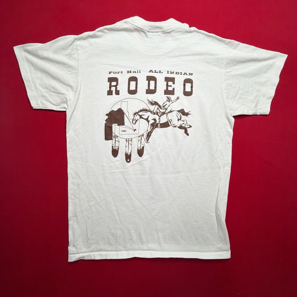 Vintage 90s Fort Hall All Indian Rodeo T-Shirt 1995 Oneita Single Stitch White M - Picture 2 of 8